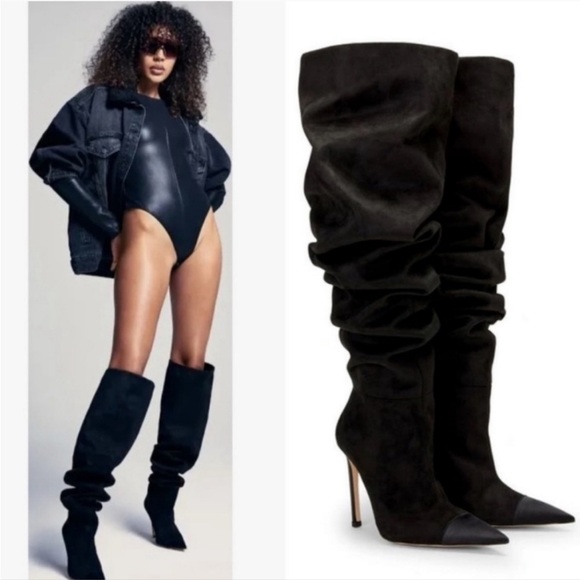 Good American Women’s Over the Knee Fold Over Boots 100% Suede Black Size 8 NWT - Picture 2 of 9